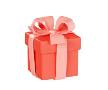 Hediye kutusu 3D resimleme - pembe kurdele ve fiyonkla süslenmiş kapalı kırmızı hediye paketi. Şenlikli renkli kare paket ve sürpriz. Doğum günü veya Noel tasarımı için dekorasyon