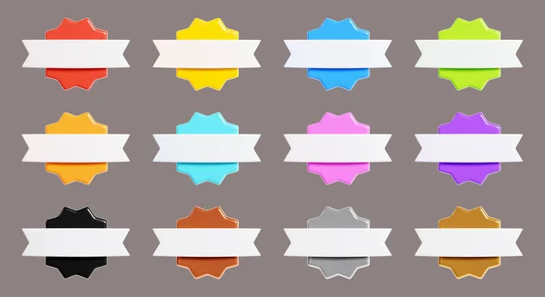 Starburst sticker 3d render set - collection of round sun burst or star shape badges for promo. Price or offer label with copy space. Empty emblem of different colours for sale or discount concept.