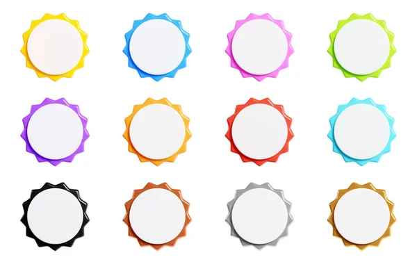 Starburst sticker 3d render set - collection of round sun burst or star shape badges for promo. Price or offer label with copy space. Empty emblem of different colours for sale or discount concept.