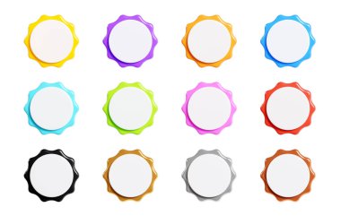 Yıldız patlaması çıkartması 3D görüntüleme seti - yuvarlak güneş patlaması koleksiyonu ya da tanıtım için yıldız şeklindeki rozetler. Fiyat ya da etiket için fotokopi alanı. Satış veya indirim için farklı renklerin boş amblemi.