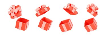 Pembe kurdeleli kırmızı açık hediye kutusu ve 3D resim koleksiyonu - uçan şapkalı hediye paketleri. Tebrik veya bonus konsepti için şaşırtıcı bir şekilde selamlama ve ödül paketleri.