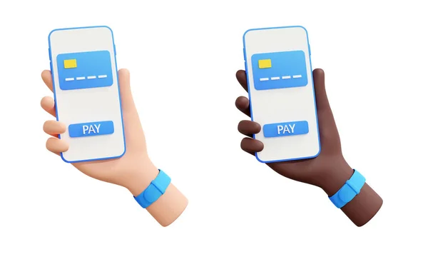 Online payment and electronic wallet or banking 3d render illustration - hand holding mobile phone with credit card on screen. Safe online pay and purchase or money storage concept.