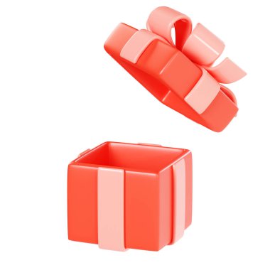 3D kapaklı hediye kutusunu aç. Pembe kurdeleli boş kırmızı sürpriz paketi. Kutlama ya da kazanan konsept için selam ver. Doğum günü ve Noel hediye paketi.