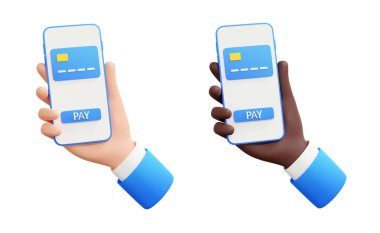 Çevrimiçi ödeme ve elektronik cüzdan veya 3D bankacılık. Takım elbiseli insan eli ekranda kredi kartı ve Ödeme düğmesi olan akıllı telefonu tutar - güvenli e-ticaret alımı veya para depolama kavramı.