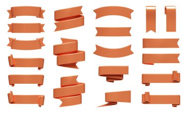 Bronz kurdele 3D kaplama seti. Satılık veya indirimli promosyon işareti olarak kıvrılmış ve rulo bantlanmış parlak metalik metin kutusu. Reklam veya tebrik mesajı için etiket tasarım ögesi.