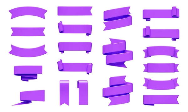 紫色のリボンバナー3Dレンダリングセット 販売または割引プロモーションサインのためのカーレットとロールテープの形で光沢のある明るいテキストボックス 広告やおめでとうメッセージのためのタイトルフレームデザイン要素 — ストック写真