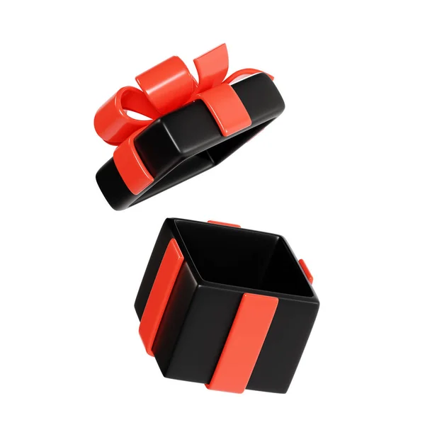 Άνοιγμα Μαύρο Κουτί Δώρου Γυαλιστερή Κόκκινη Κορδέλα Και Τόξο Καθιστούν — Φωτογραφία Αρχείου