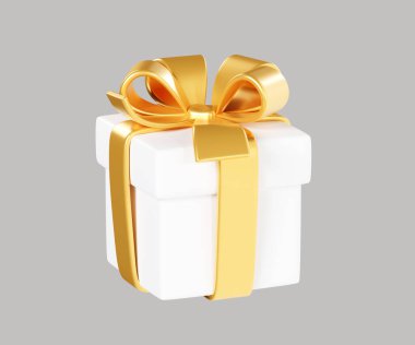 Altın kurdeleli beyaz kapalı hediye kutusu ve 3D resimli fiyonk. Kutlama ya da bonus konsepti için hediye paketi. Sürpriz paket - Noel veya kazanan selamlama ve ödül tasarım unsuru.