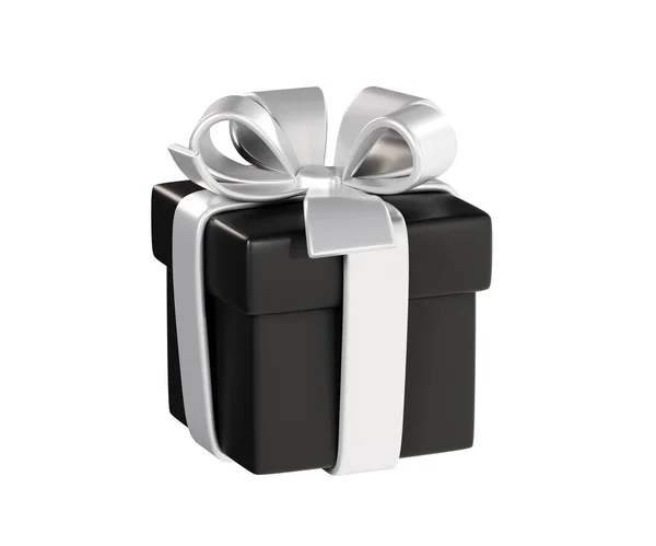 Black Gift Box Silver Ribbon Bow Render Illustration Closed Present — Stock Photo, Image