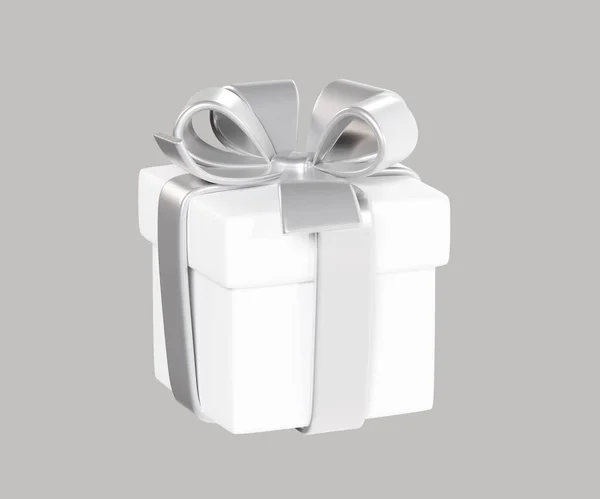 Белая Закрытая Подарочная Коробка Серебряной Лентой Трехмерной Иллюстрацией Банта Подарок — стоковое фото