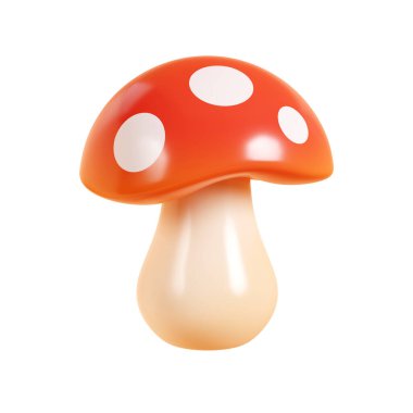 Mantar sineği amanita 3D resimleme. Hafif tallus ve kırmızı benekli mantarların çizgi film sonbahar ikonu. Sonbahar mevsimsel doğal konsept için orman mantarı.