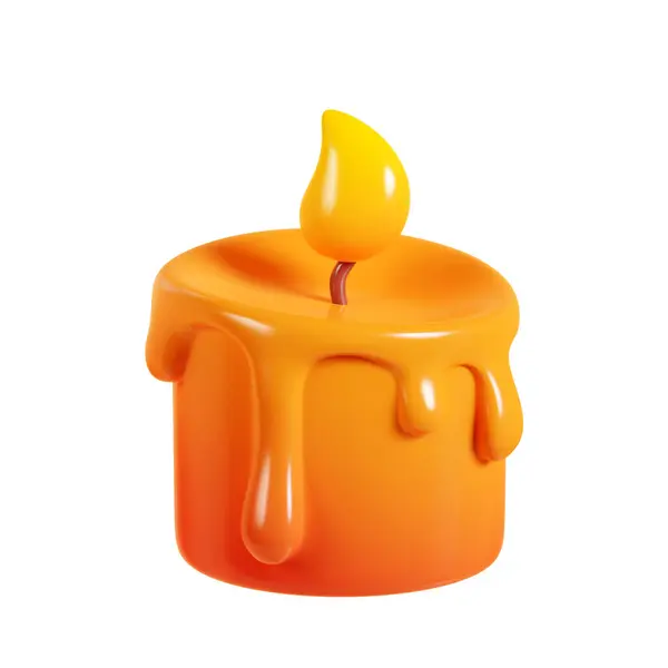 ウィックと炎の3Dレンダリングイラスト付きキャンドル 秋の季節のデザインのための円形ワックスの芳香族の明るいオレンジの燃える装飾要素の漫画アイコン キャンドルライトオブジェクト — ストック写真