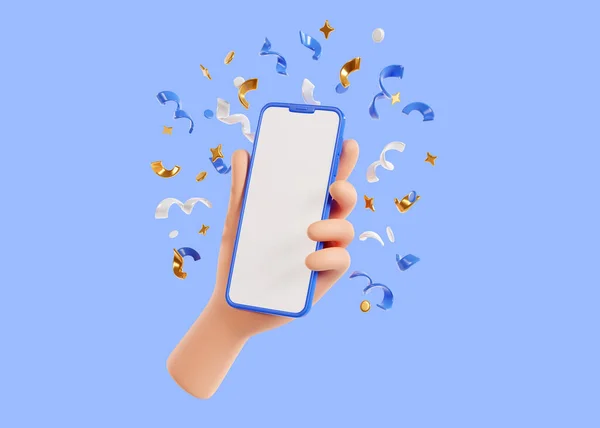 Рука Людини Тримає Мобільний Телефон Рендером Confetti Макет Смартфона Білим — стокове фото
