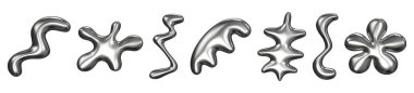 Krom sıvı y2k şeklinde. Farklı şişirilebilir şekillerde soyut sıvı metal grafik nesnelerinin üç boyutlu çizimi. Geometrik gümüş ya da cıva parlak kabarcık ya da amip kabarcığı