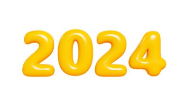 2024 şişirilebilir balon 3D metin çizimi. 2024 Yeni Yıl ve Noel tebriği ya da satış tasarımı için çizgi film sarı parlak numarası, parti davetiyesi. Xmas dekorasyon ögesi.