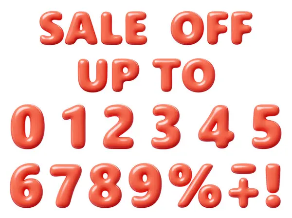 Balloon red number with percent sign and words sale, up to and off 3d render set. Cartoon plastic glossy inflatable numbers and percentage, plus and minus, exclamation mark for sale and discount promo