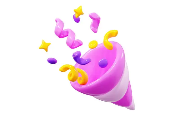 Party popper with confetti streamer and star 3d render illustration. Pink plastic firecracker with yellow and purple paper firework ribbon serpentine for celebrate, congratulation and surprise concept