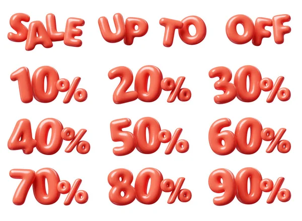 Balloon red number with percent sign and words sale, up to and off 3d render illustration set. Cartoon plastic glossy inflatable numbers with percentage mark for sale and discount promotion.