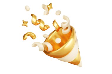 Konfeti şeritli ve yıldız 3D resimli altın parti popper. Altın ve bej kağıtlı plastik kestane fişeği. Havai fişek kurdelesi. Tebrikler, kazanan ve sürpriz konsept..