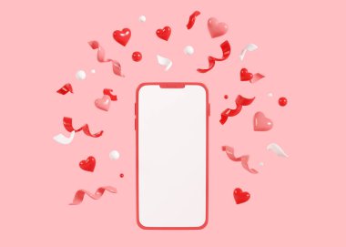 Konfeti maketli cep telefonu. 3D karikatür çizimi akıllı telefonun boş beyaz ekranlı ve uçan beyaz ve kırmızı flamalı resimlerini çiziyor. Kutlama ya da satış konsepti için..