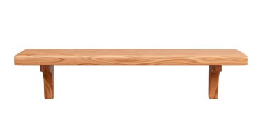 Duvarları monte edilmiş boş ahşap bir raf. Açık kahverengi ahşap desenli boş kitaplığın üç boyutlu çizimi. Depolama ve ürün görüntüleme için ev içi pano rafını sakla.