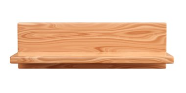 Boş ahşap duvar rafı. Açık kahverengi ahşap desenli boş kitaplığın üç boyutlu tasviri depo veya ev içi için. Depolama ve ürün görüntüleme için tahta rafı.