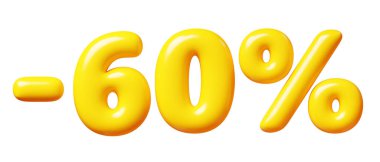 Satılık balon sayısı eksi yüzde altmış işareti. Sarı plastik parlak indirimli tipografinin 3 boyutlu çizimi -60. Özel teklif için karikatür kabarcık elemanı yüzdesine izin verildi.