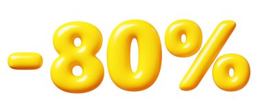 Satılık balon sayısı eksi yüzde seksen işareti. Sarı plastik parlak indirimli tipografinin 3 boyutlu çizimi -80. Özel teklif için karikatür kabarcık elemanı yüzdesine izin verildi.