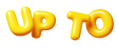 İndirim ve promosyon tasarımı için sarı balondan uçan kelimeler. Yüzen satılık metin tasarım ögesinin 3D çizimi. Özel teklif için şişirilebilir plastik çizgi film tabelası..