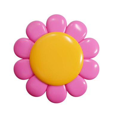 Pembe taç yapraklı plastik çiçek, karikatür ikonu 3D çizim çizimi. Bahar ve yaz tasarımı için şirin kabarcıklar açıyor. Soyut parlak balon çiçekleri. Bahçe çiçekli plastik dekorasyon elementi.