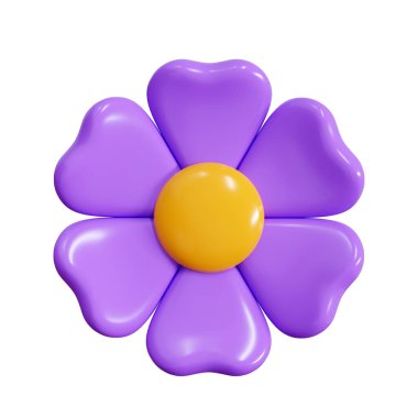 Mor taç yapraklı plastik çiçek, karikatür ikonu 3D çizim çizimi. Bahar ve yaz tasarımı için şirin kabarcıklar açıyor. Soyut parlak balon çiçekleri. Bahçe çiçekli plastik dekorasyon elementi.