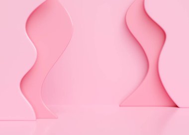 Boş pembe pastel stüdyo bg zemin ve dikey dalga dekorasyon duvarı ürün gösterisi için. Basit oda podyumu arkaplanının 3D çizimi. Gül rengi dalgalı yüzeyi olan tanıtım sahnesi.