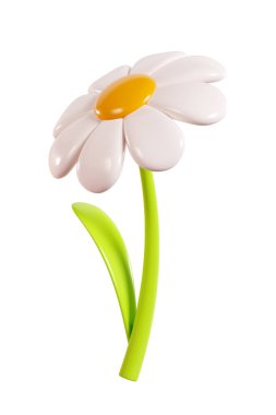 Beyaz yapraklı, yeşil saplı ve yapraklı Daisy plastik çiçek. Çizgi film ikonu 3D canlandırma çizimi. Bahar ve yaz tasarımı için şirin papatya çiçekleri açıyor. Parlak balon çiçekli element.