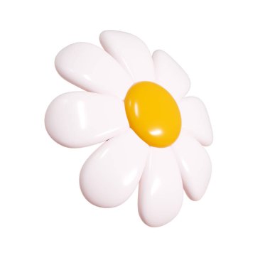 Papatya plastik çiçek karikatürü 3D çizim çizimi. Bahar ve yaz tasarımı için beyaz taç yapraklarıyla şirin papatya çiçekleri açar. Soyut parlak balon çiçekleri. Bahçe çiçekleri.