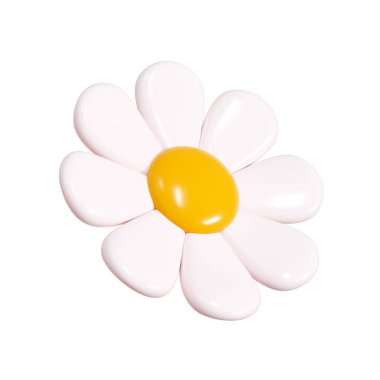 Papatya plastik çiçek karikatürü 3D çizim çizimi. Bahar ve yaz tasarımı için beyaz taç yapraklarıyla şirin papatya çiçekleri açar. Soyut parlak balon çiçekleri. Bahçe çiçekleri.