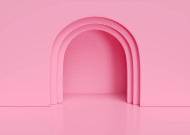 Pembe pastel stüdyo odasının arka planı, duvarda kemer camı var. Ürün gösterimi için kavisli gül rengi bg 'nin 3 boyutlu çizimi. Mal sunumu için boş arkaplan şablonu.