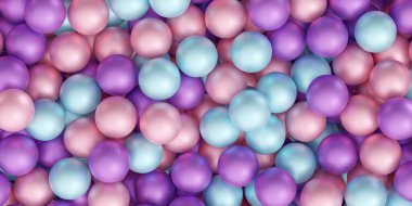 Pembe, mor ve mavi renkli arka planda birçok inci ya da metal toplar var. Soyut bg 'nin dağınık küre desenli 3D görüntülemesi. Küre kabarcığı ve balon dokusuyla eğlenceli arkaplan.