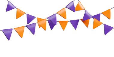 Bunting Flags çelenk ile Cadılar Bayramı partisi afişi - sonbahar tatili sınır süslemesi için ipte turuncu ve mor üçgen dekoratif kağıt bayrağın üç boyutlu çizimi. Uzun flamalı zincir dizisi.