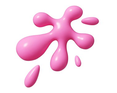 Pembe sıvı sıçrama, pürüzsüz yuvarlak kenarlı, ana damlacıkların etrafında dağınık damlacıklar var. Sıvı şekilli gerçekçi 3D vektör yüzeyi. Yaratıcı tasarım için soyut dekoratif öge.