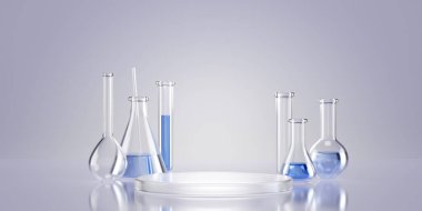 3D cam işlemeli mavi sıvı ve podyum. Bilimsel deneyler için laboratuvar ekipmanları ayarlandı. Kimya veya kozmetoloji için cam ürün platformu olan şişeler ve mataralar.