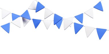 İp üzerinde alternatif mavi ve beyaz bayraklar olan parti kiraz kuşu sınırı. Kutlama tasarımları için 3D dekorasyon öğesi. Dekoratif çerçeve veya bayram kutlama düzeni.