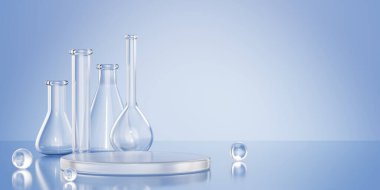 Mavi labaratuvar arka planında şeffaf şişe, test tüpü ve cam podyum platformu ile laboratuvar cam bileşimi. 3D bilimsel sunum ya da ilaç modellemesi çizimi