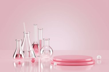 Beherli laboratuvar cam bileşimi, pembe podyum arka planında şeffaf sıvılı mataralar. İnci küreleri olan, platformun yakınındaki bilimsel gemiler. Temiz 3D hazırlama kozmetik ürün modeli.