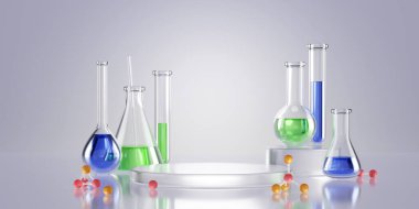 Silindirik beyaz podyum platformu ve molekül modelinin yanında mavi, yeşil sıvılar içeren laboratuvar cam bileşimi. Yansıtıcı yüzeyde bilimsel 3D cam işleme ekipmanı.