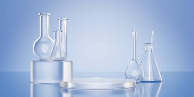Silindir podyum kompozisyonu 3D resimli laboratuvar cam şişeleri. Mavi arkaplanda dairesel platforma yerleştirilmiş farklı şekillerdeki boş şeffaf damarları temizle.