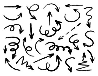 Eğri ve düz, spiral ve zigzag, dairesel, dalgalı yön işaretleri olan siyah renkli ok koleksiyonu. Sunum, bilgi grafikleri veya eğitim materyalleri için vektör el fırçası darbesi.