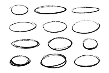 Üzüntülü desenli siyah oval çerçeve işaretleri. Çiğ fırça darbelerinin el çizimleri ve sanatsal vurgu işaretleri ve sınırları için beyaz zemin üzerinde düzensiz dairesel çizgiler.