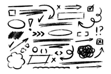 Sketchy pastel boyayla işaretlenmiş elementler - daireler, altçizgiler, oklar, kontrol işaretleri ve haçlar. Karalama çizgisi kenarlığı, metin vurgusu grafiği. Tasarım bildirimi için pürüzlü freehand grunge şekilleri