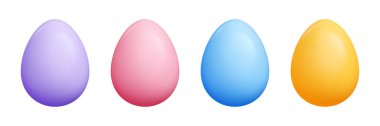 Üç boyutlu renkli Paskalya yumurtası seti - mor, pembe, mavi, sarı, parlak yüzeyi olan gerçekçi yumurta şekilleri. Bayram tasarımı, tebrik kartı, afiş için rengarenk renkler.