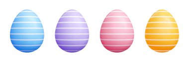Çizgili 3 boyutlu Paskalya yumurtası koleksiyonu. Pastel mavi, mor, pembe, beyaz yatay çizgili sarı gerçekçi yumurtalar. Tebrik kartı ve afiş tasarımı için renkli bahar tatili dekorasyon unsurları.